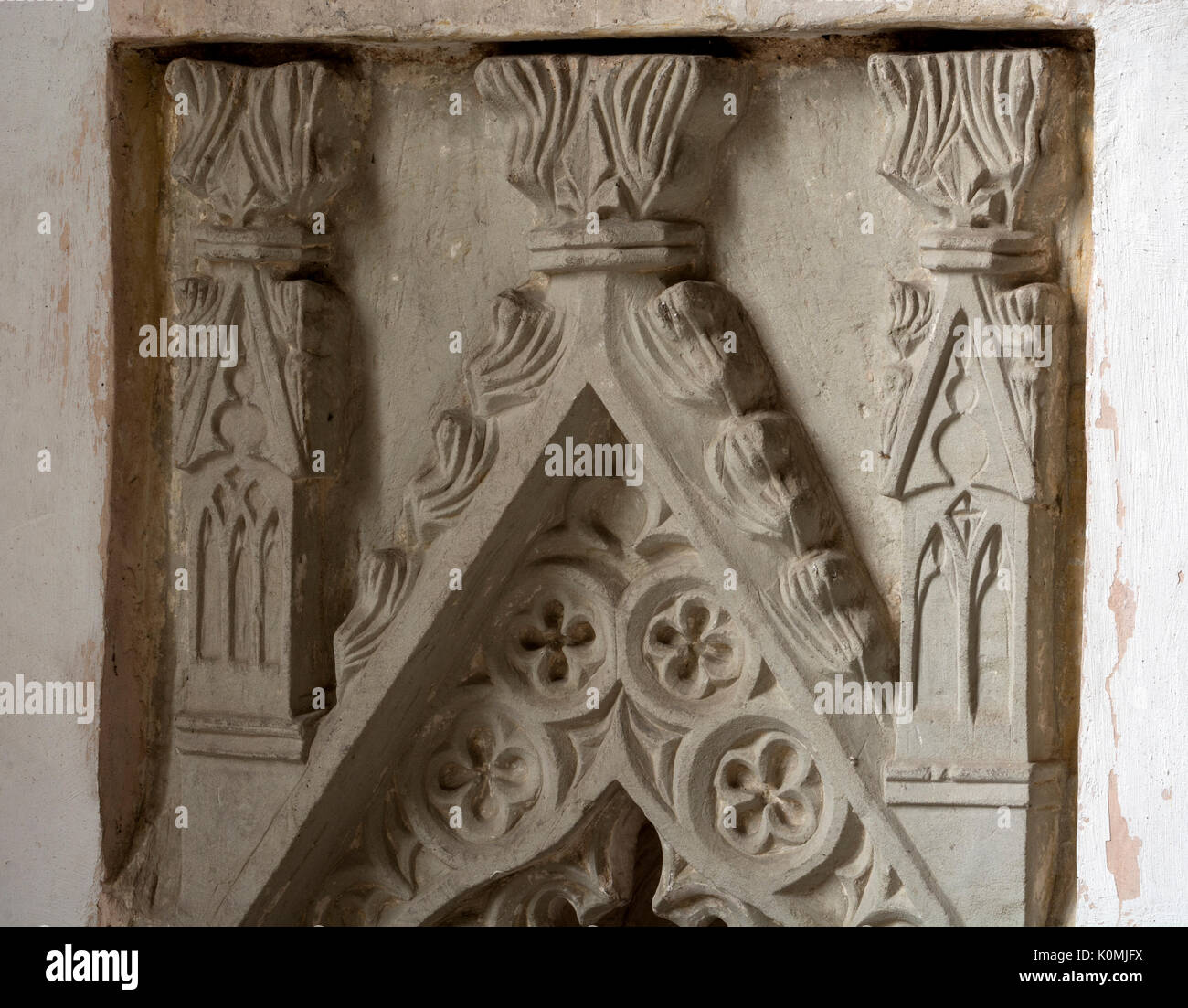 14th century piscina, St. Peter`s Church, Wootton Wawen, Warwickshire, England, UK Stock Photo